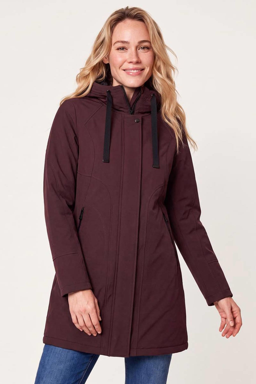 Donkerrode dames Miss Etam winter softshell jas met effen, lange mouwen, capuchon en rits- en drukknoopsluiting