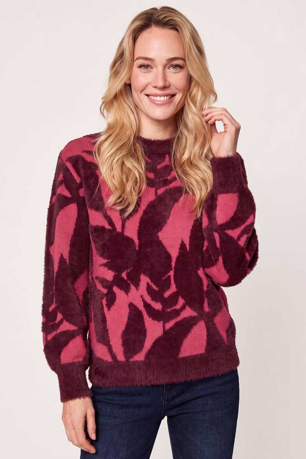 Miss Etam rechtvallende gebreide trui met print - donkerrood/roze