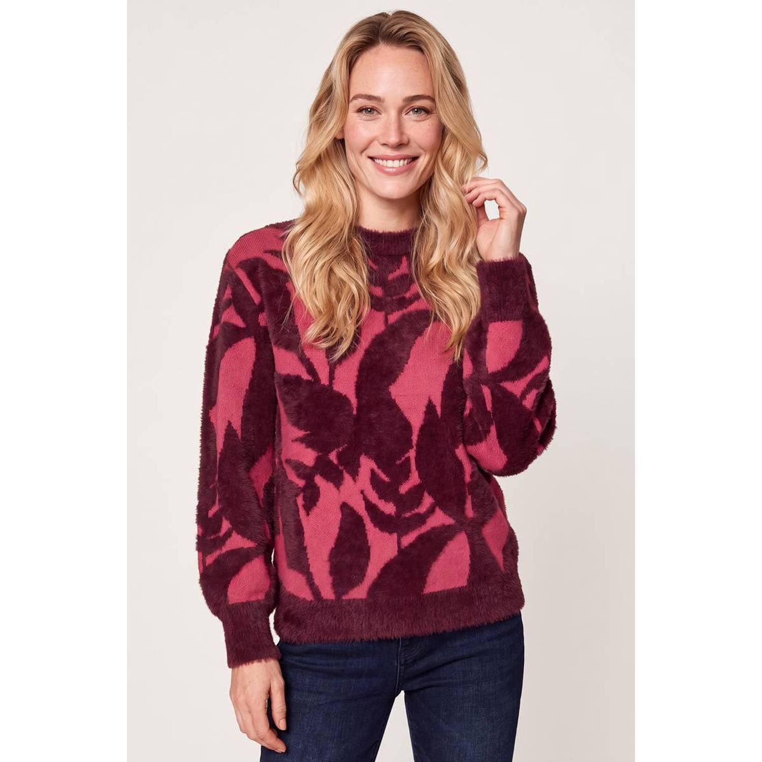 Miss Etam rechtvallende gebreide trui met print donkerrood roze