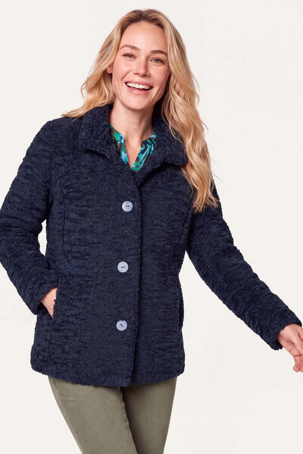 Donkerblauwe dames Miss Etam teddy jas met effen en lange mouwen