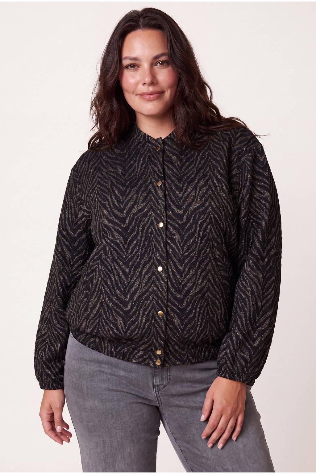 Zwarte dames Miss Etam Plus bomberjack van polyester met zebraprint en half lange mouwen