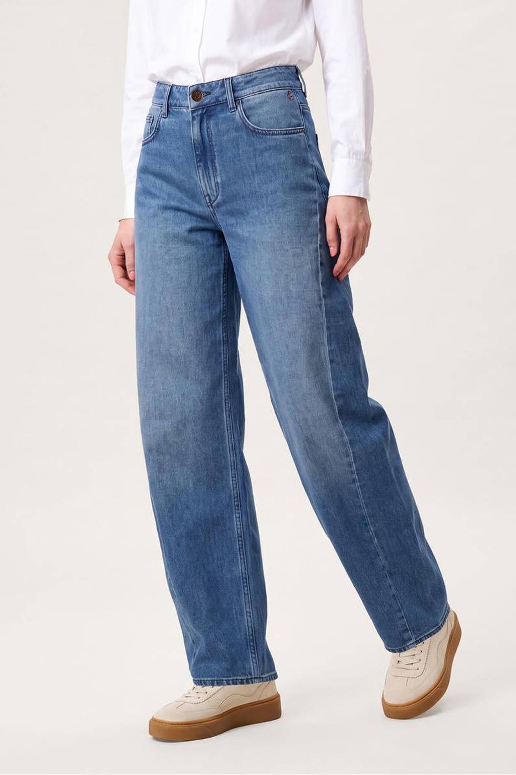 Medium blue denim dames Miss Etam barrel jeans van denim met high waist, rits- en knoopsluiting en effen