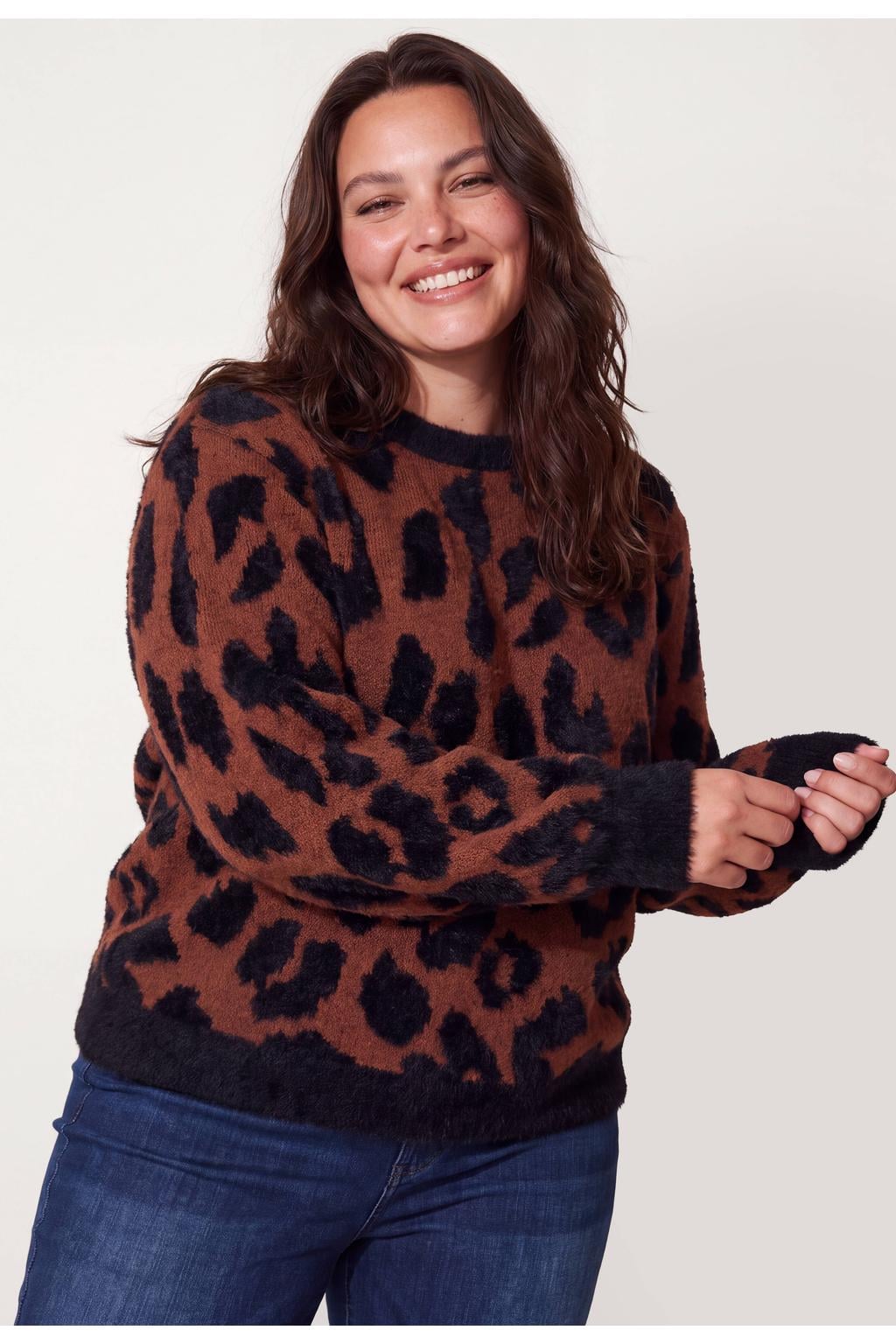 Miss Etam Plus gebreide trui met panterprint - bruin