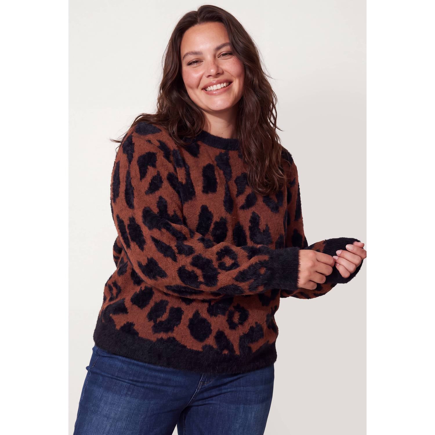 Miss Etam Plus gebreide trui met panterprint bruin