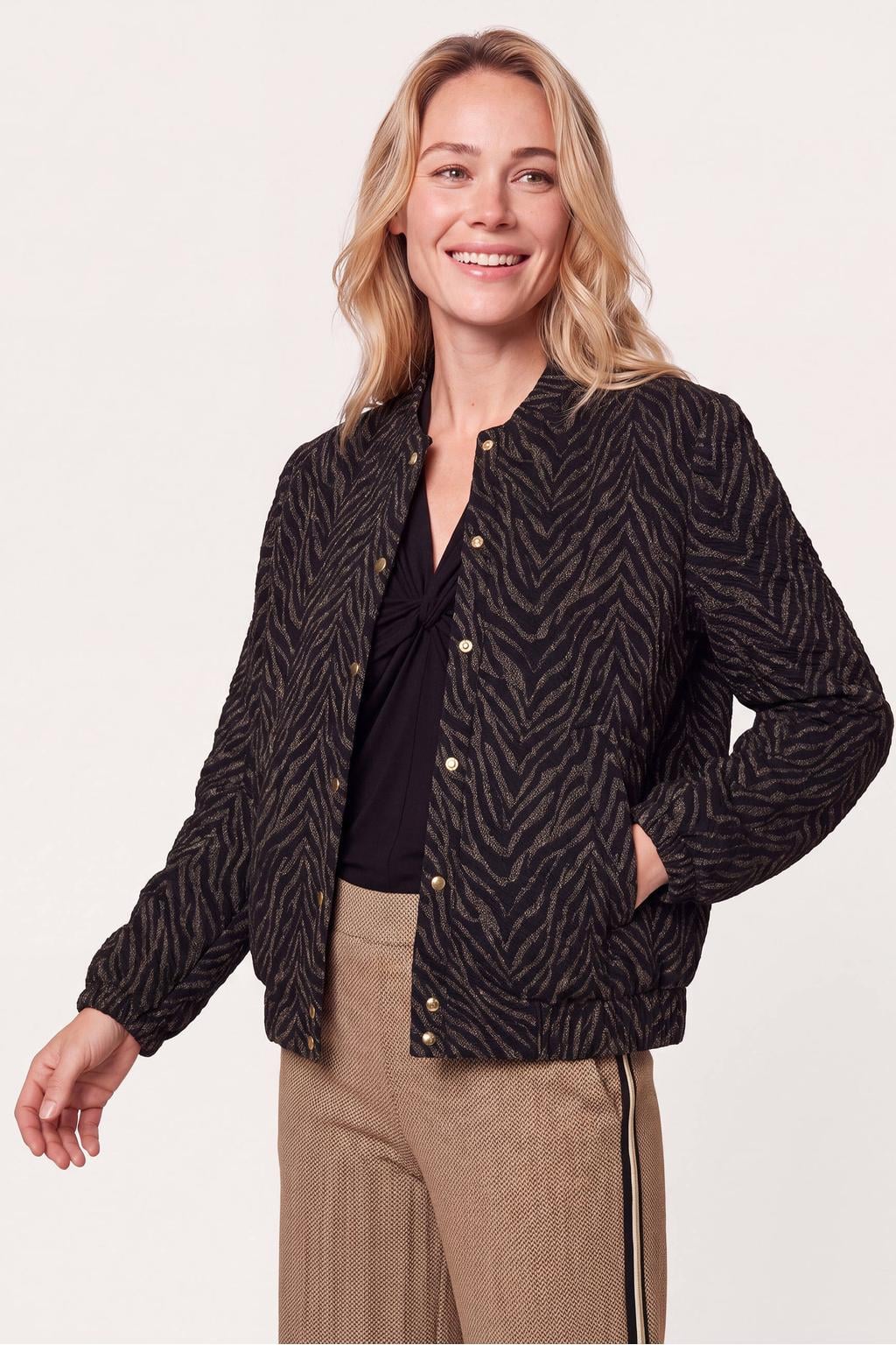 Zwarte dames Miss Etam bomberjack van polyester met zebraprint, lange mouwen en ronde hals