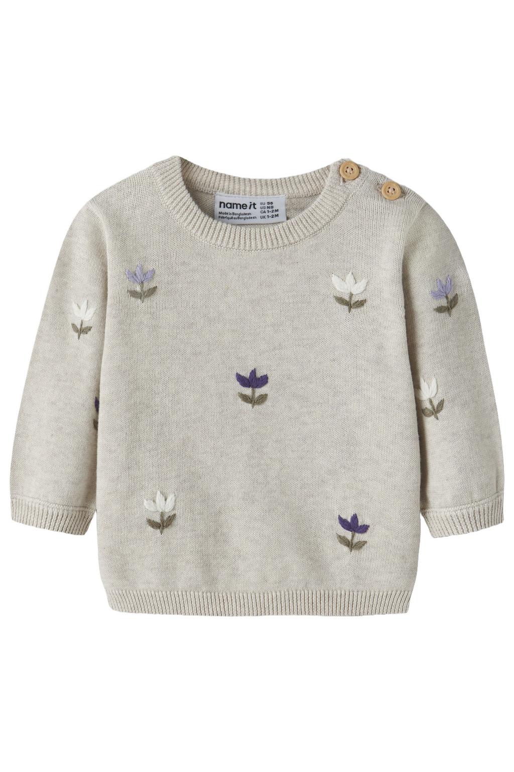 NAME IT BABY katoenen gebloemde gebreide trui met borduursels - grijs