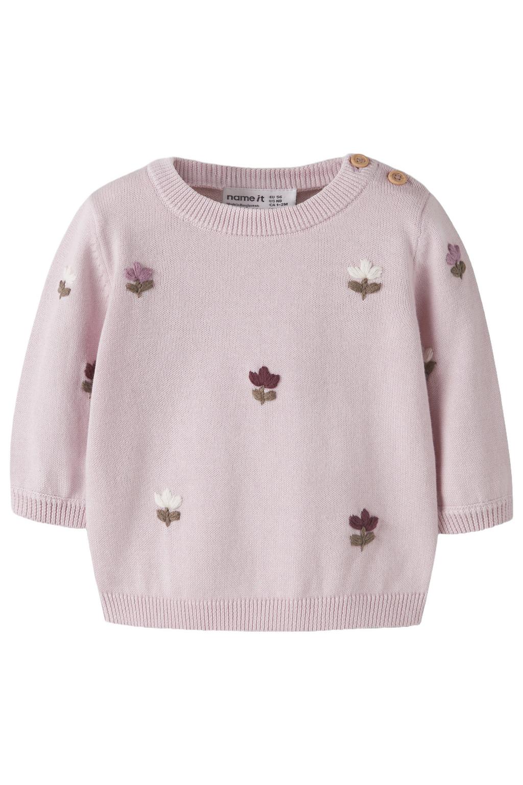 NAME IT BABY katoenen gebreide gebloemde trui met borduursels - roze