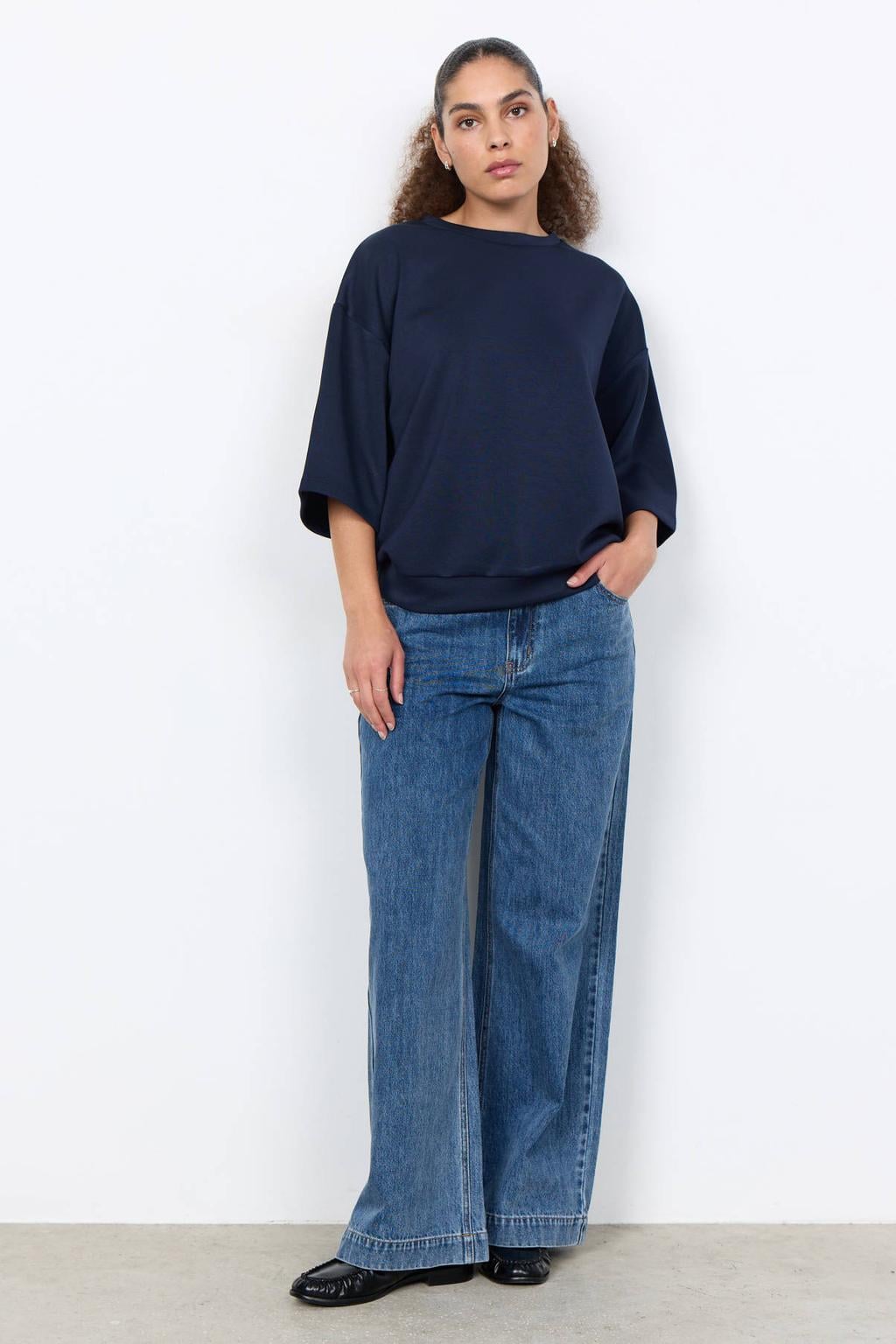 Donkerblauwe dames Soyaconcept sweater met backprint, lange mouwen en ronde hals