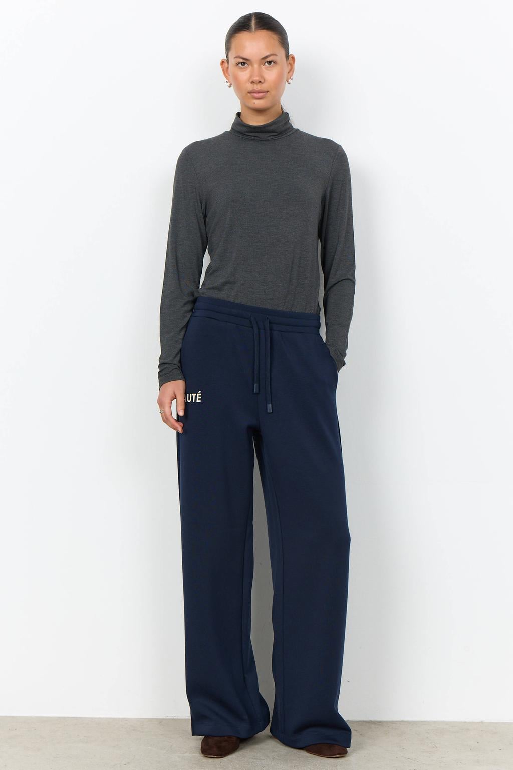 Donkerblauwe dames Soyaconcept wide leg joggingbroek van sweat materiaal met elastische tailleband met koord en effen