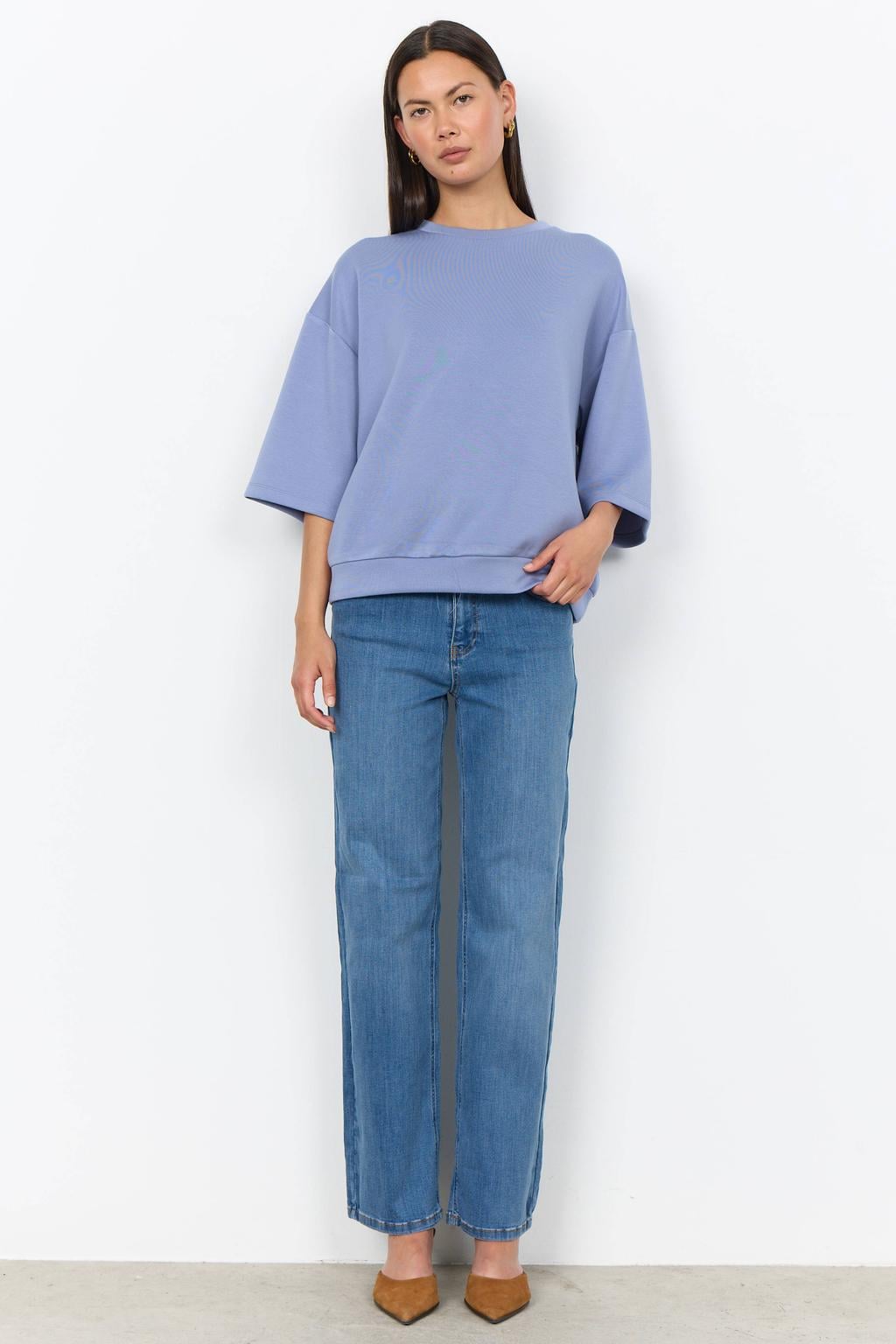 Lichtblauwe dames Soyaconcept sweater met backprint, lange mouwen en ronde hals