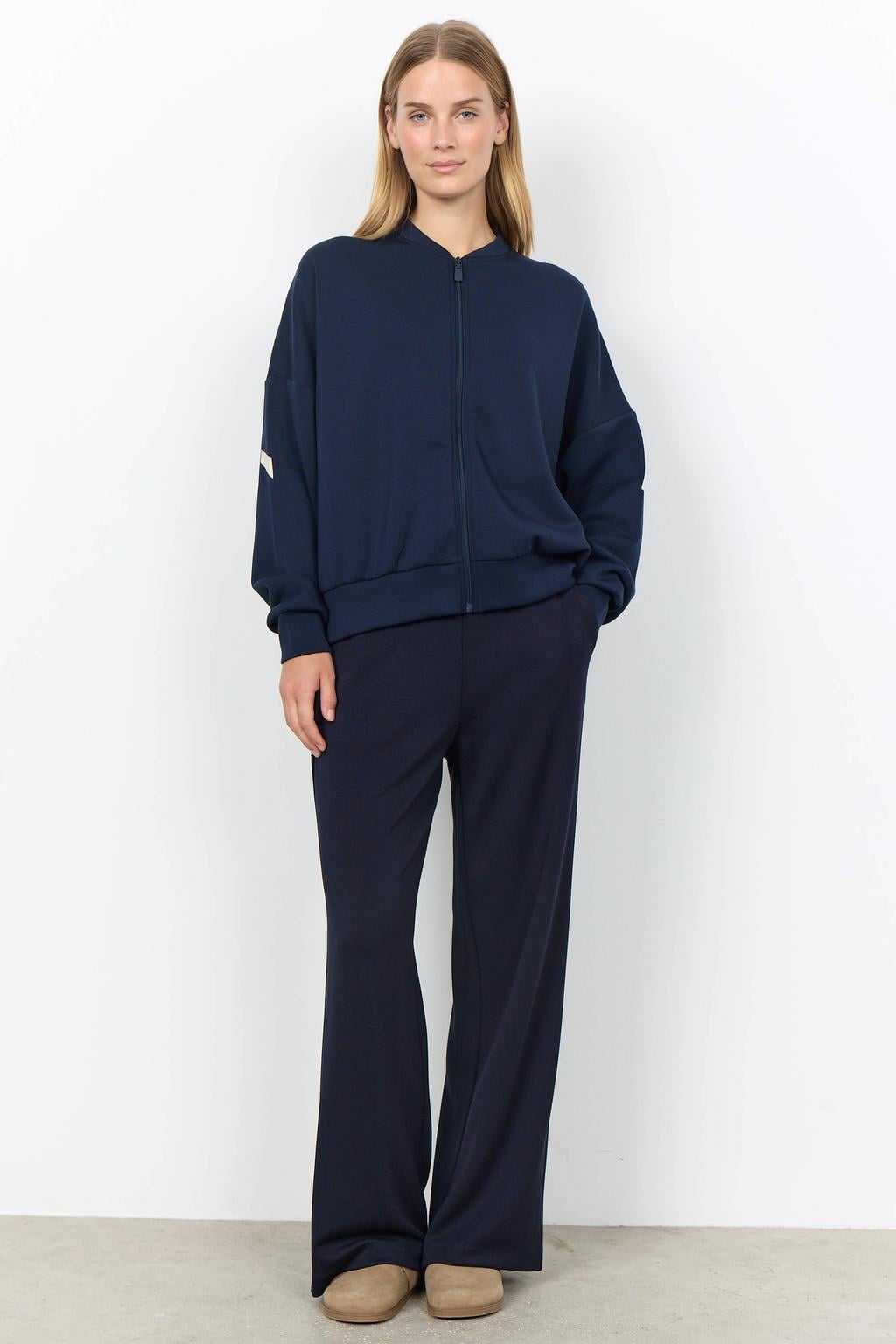 Donkerblauwe dames Soyaconcept sweatvest met backprint, lange mouwen, ronde hals en ritssluiting