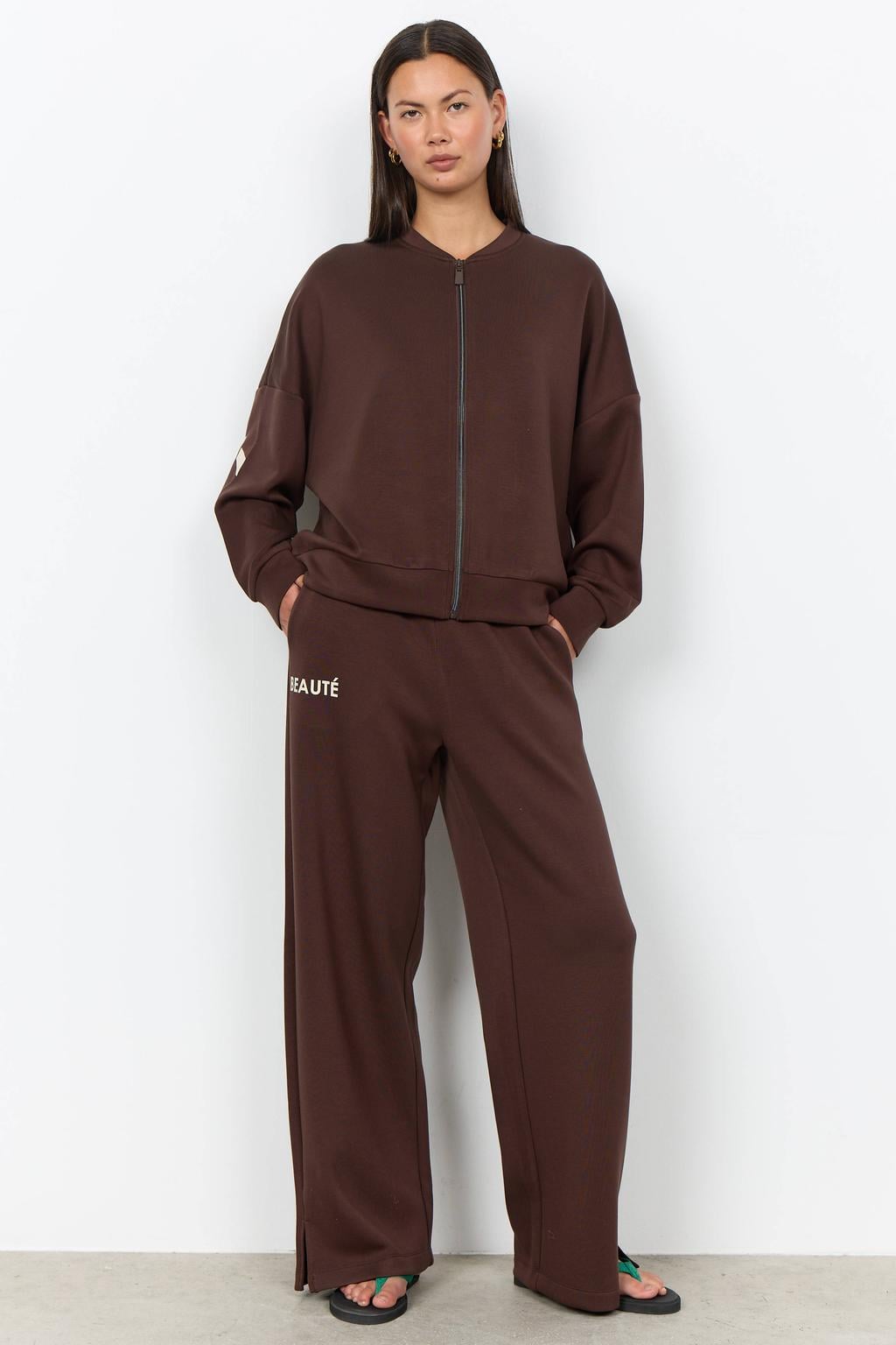 Donkerblauwe dames Soyaconcept wide leg joggingbroek van sweat materiaal met elastische tailleband met koord en effen