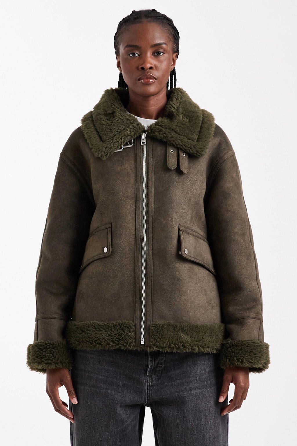 Kakikleurige dames TOPSHOP van suèdelook met effen, lange mouwen, klassieke kraag, ritssluiting en imitatiebontkraag