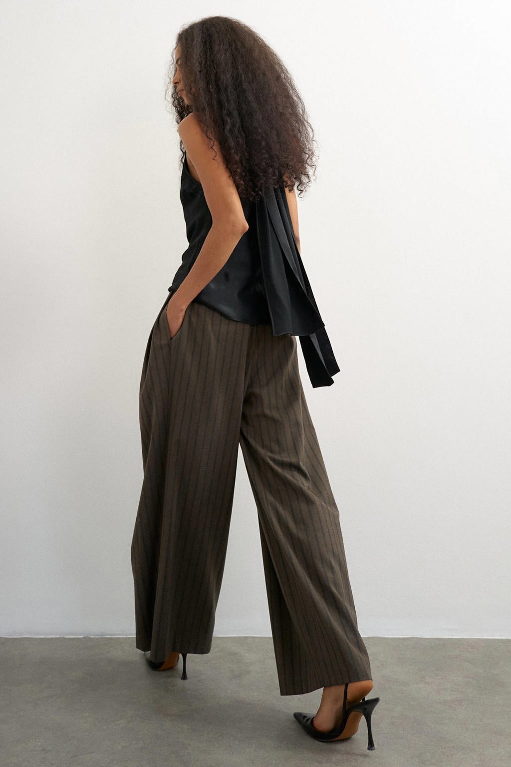 Donkerblauwe dames TOPSHOP van polyester met wijde pijpen, regular waist, rits- en haaksluiting en strepenprint