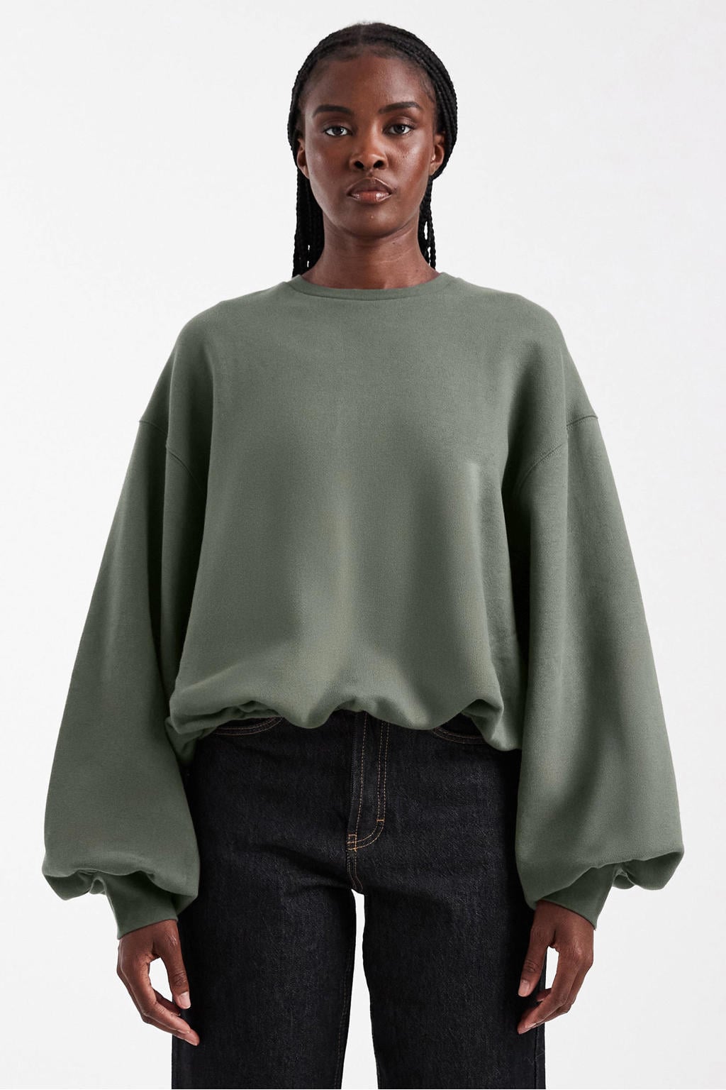 Grijsgroene dames TOPSHOP van katoen met effen, lange mouwen en ronde hals