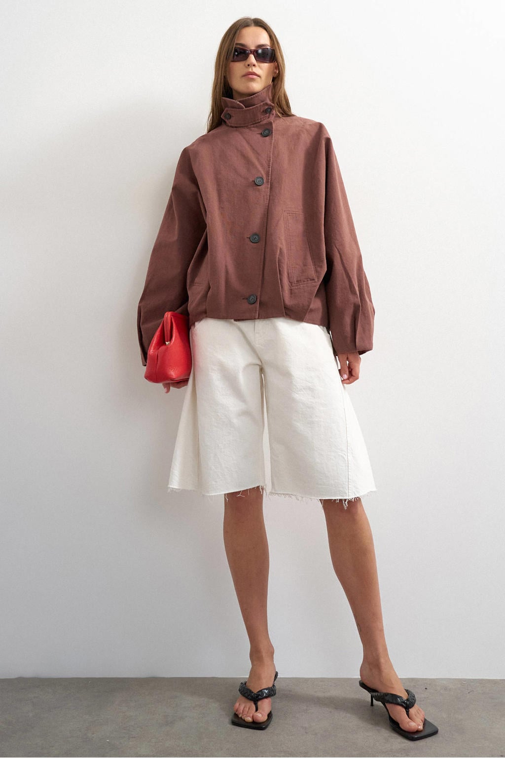 Roodbruine dames TOPSHOP van katoen met effen, lange mouwen, opstaande kraag en knoopsluiting