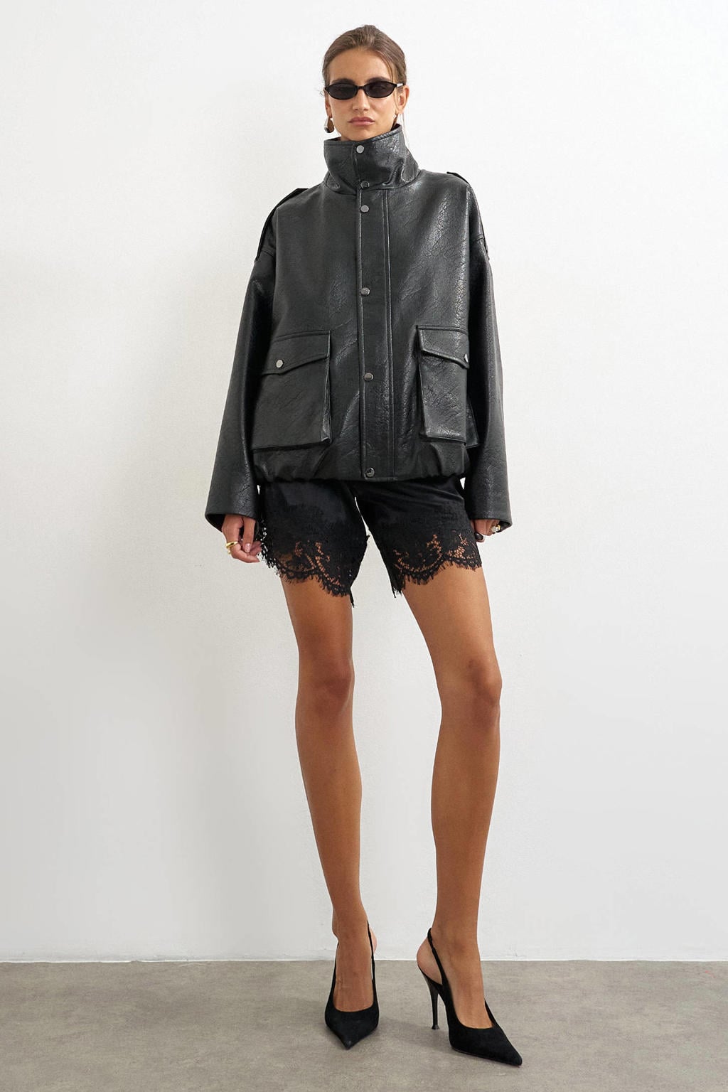Zwarte dames TOPSHOP van polyester met effen, lange mouwen, opstaande kraag en knoopsluiting
