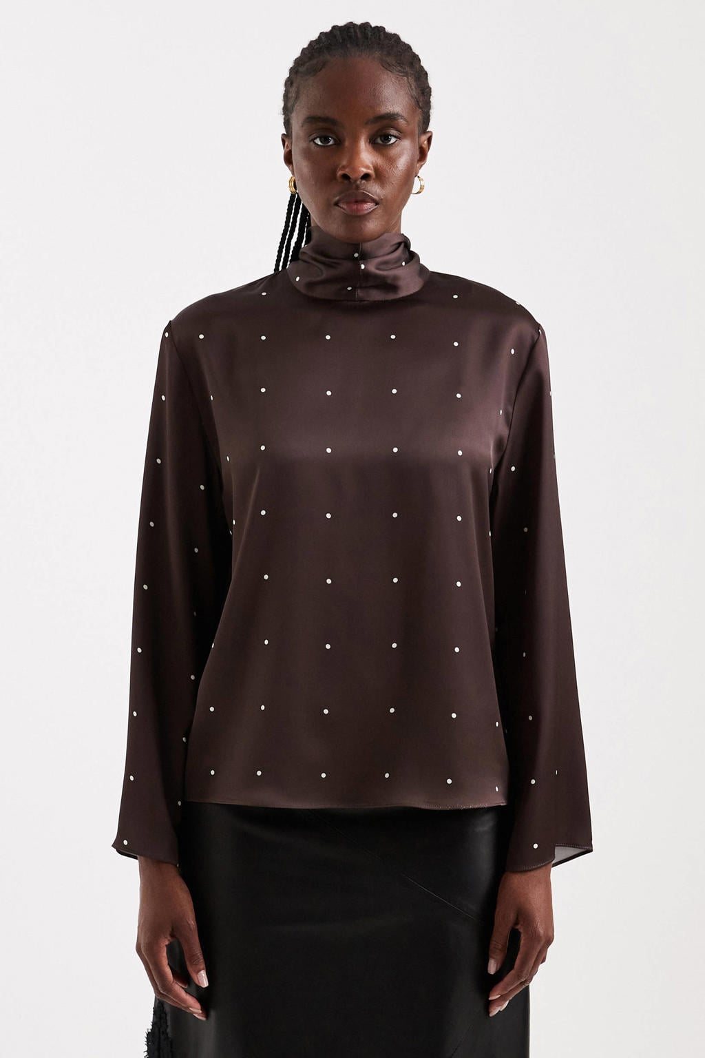 Donkerblauwe dames TOPSHOP van polyester met stippenprint, lange mouwen, sjaalkraag en geweven detail