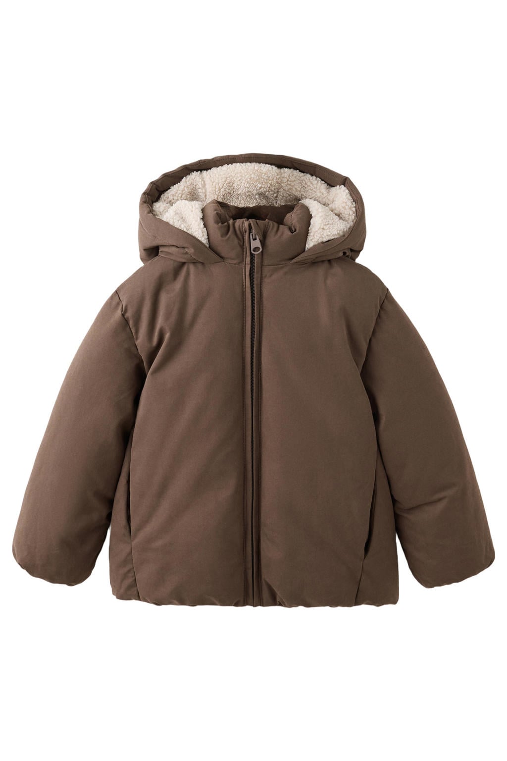 Bruine jongens Mango Kids winterjas van polyester met effen, lange mouwen, capuchon en ritssluiting