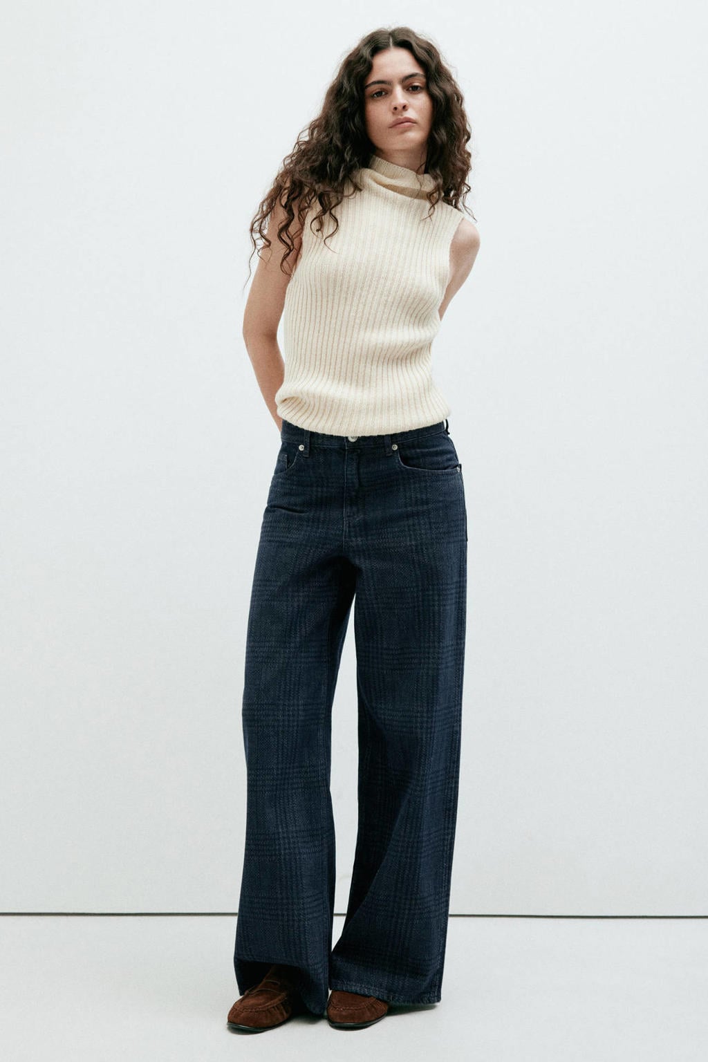 Donkerblauwe dames Mango wide leg geruite jeans van denim met rits- en knoopsluiting