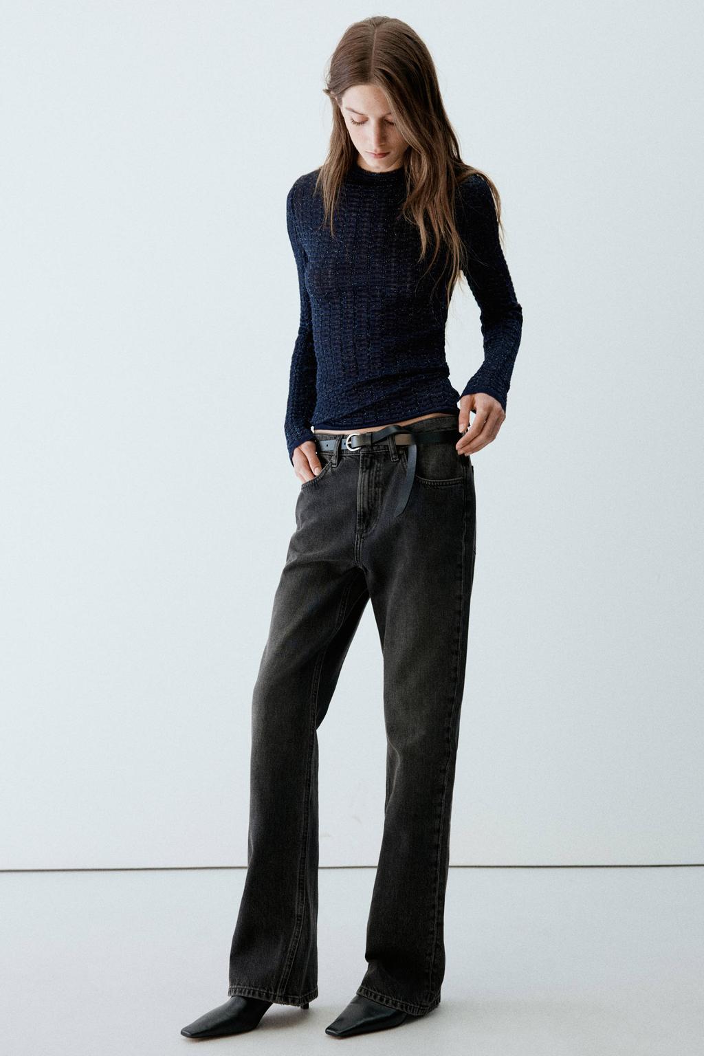 Blauwe dames Mango gebreide trui van polyester met effen, lange mouwen, ronde hals en lurex