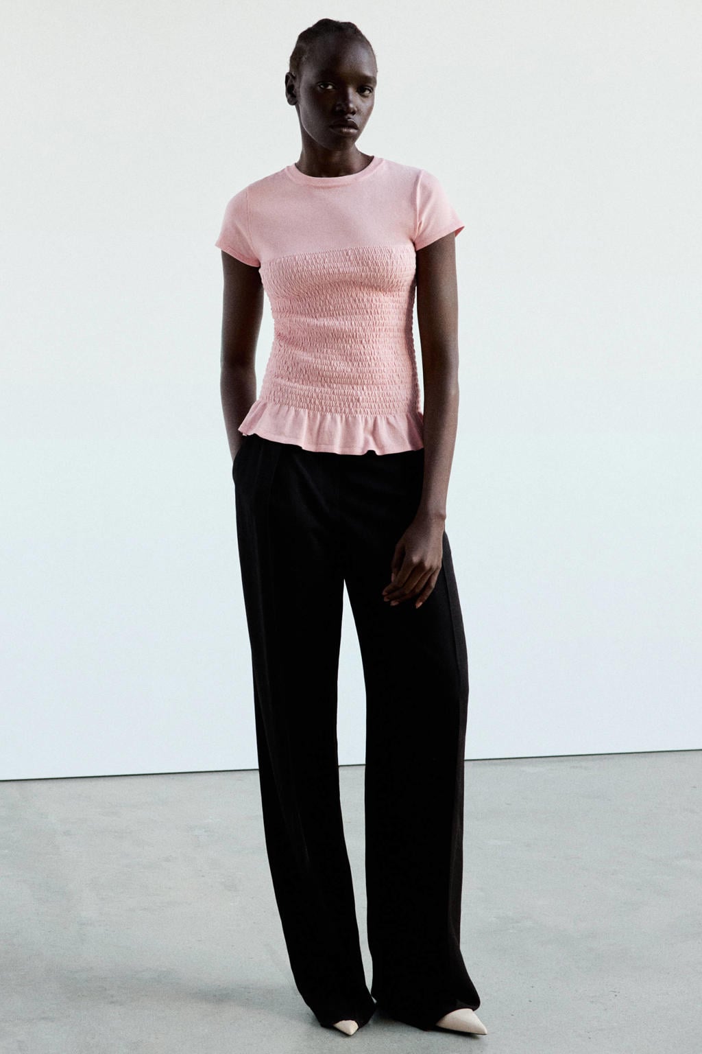 Roze dames Mango top en smockwerk met korte mouwen, ronde hals en peplum