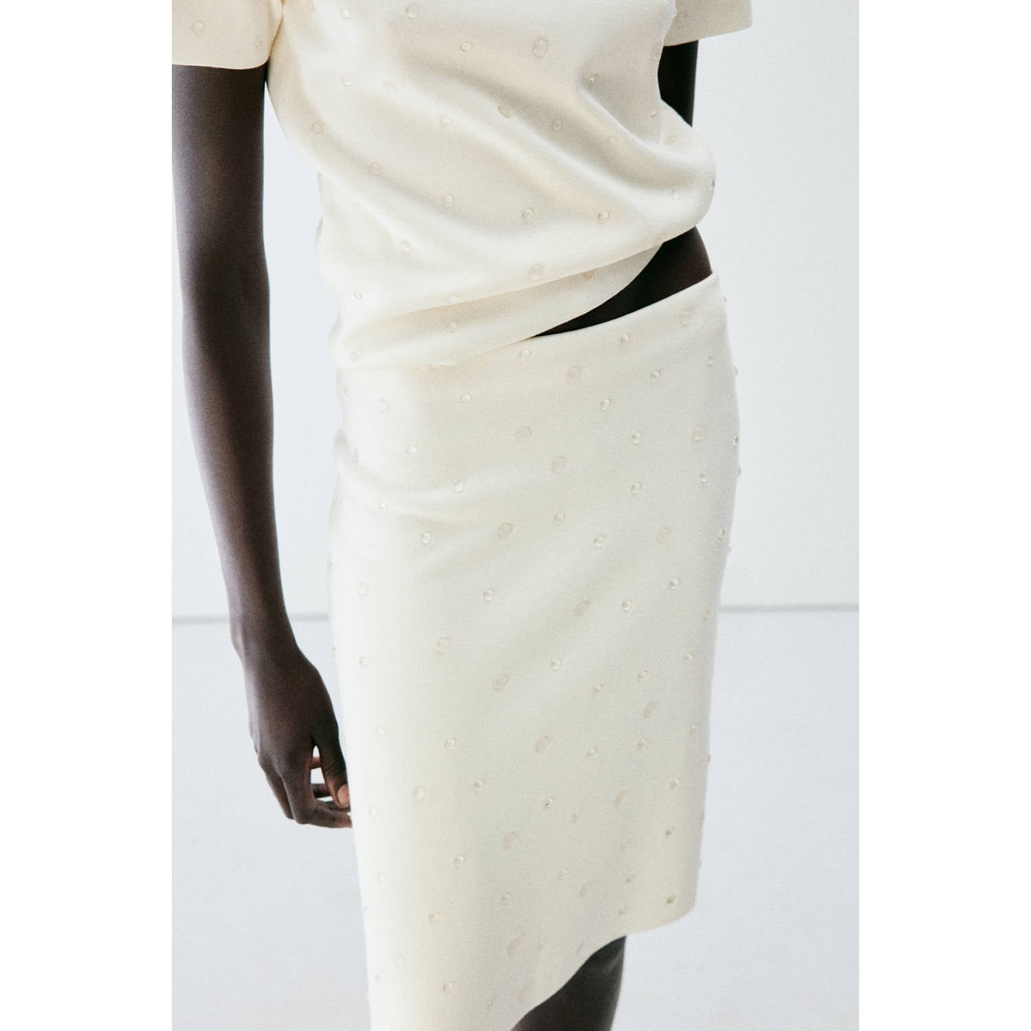 Mango midi rok met strass-steentjes beige