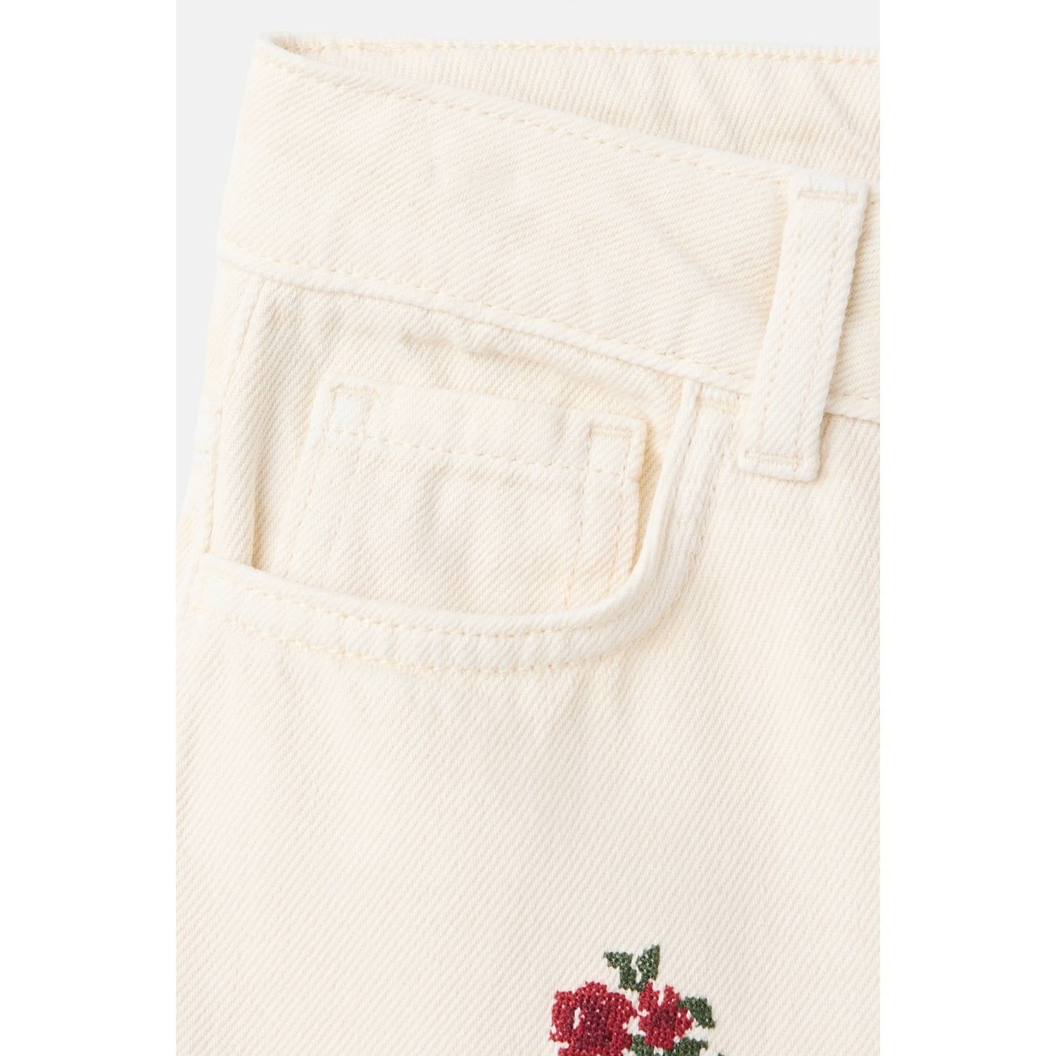 Mango Kids regular waist wide leg gebloemde jeans met borduursels ecru rood