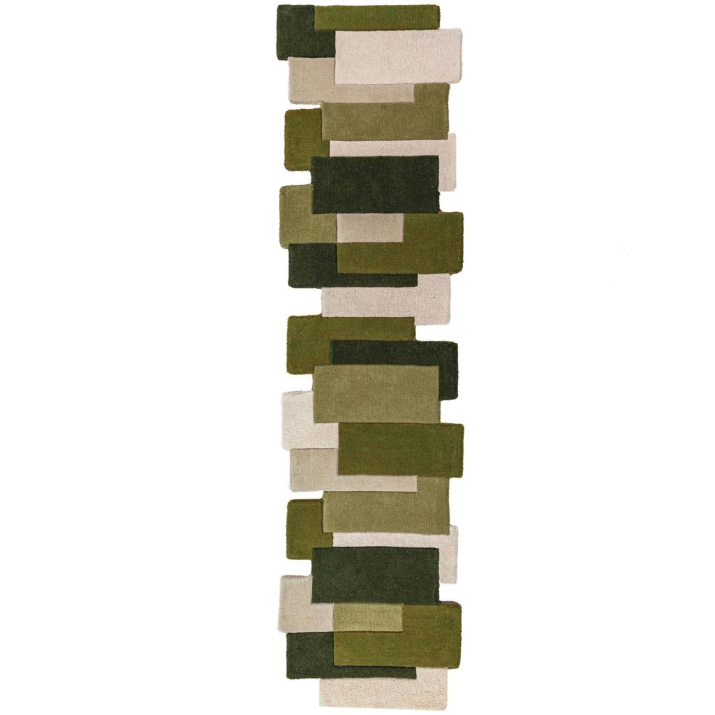 Flair Rugs laagpolig wollen loper met print 230x60 cm - groen
