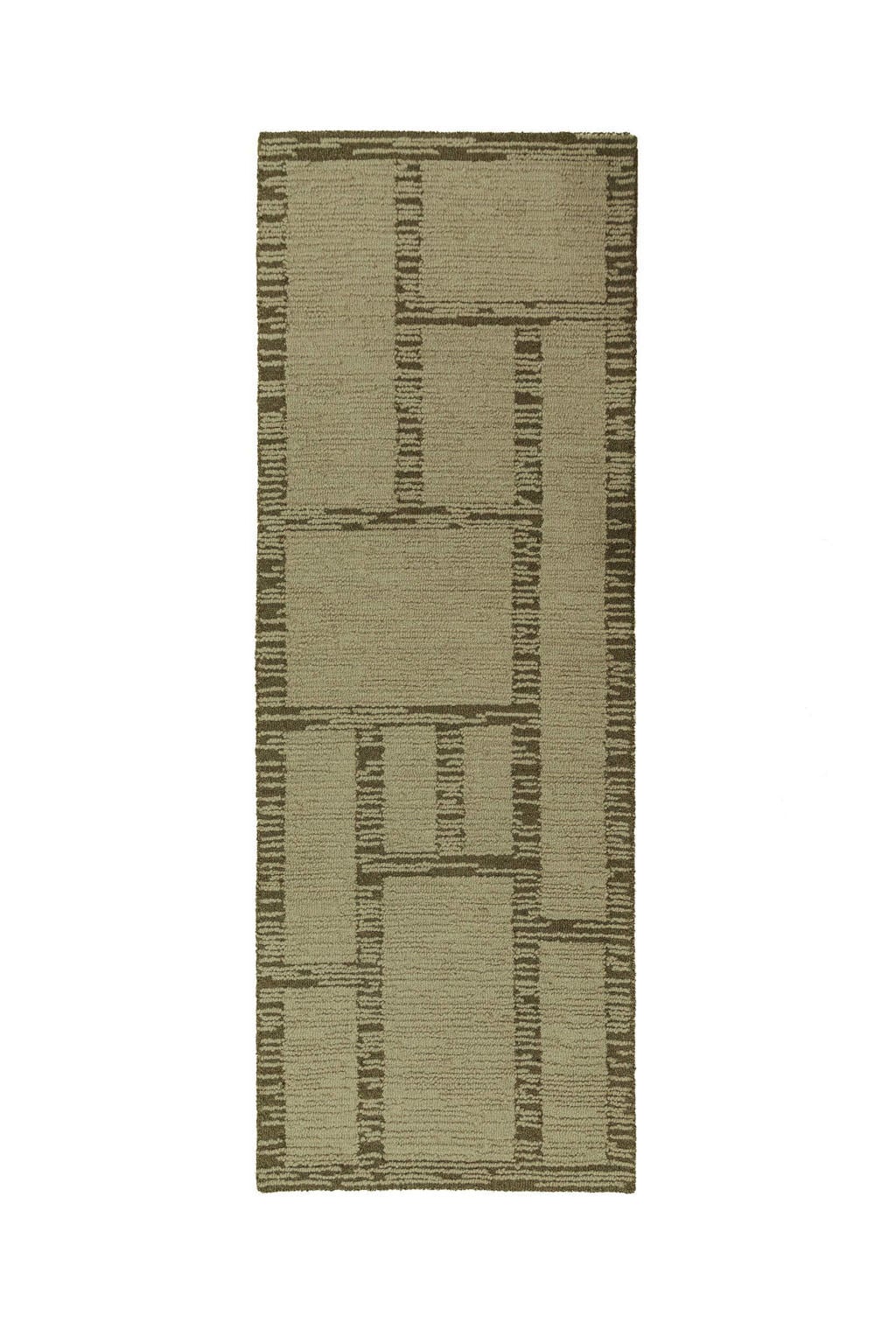 Flair Rugs hoogpolig rechthoekige wollen loper met print 230x80 cm - groen