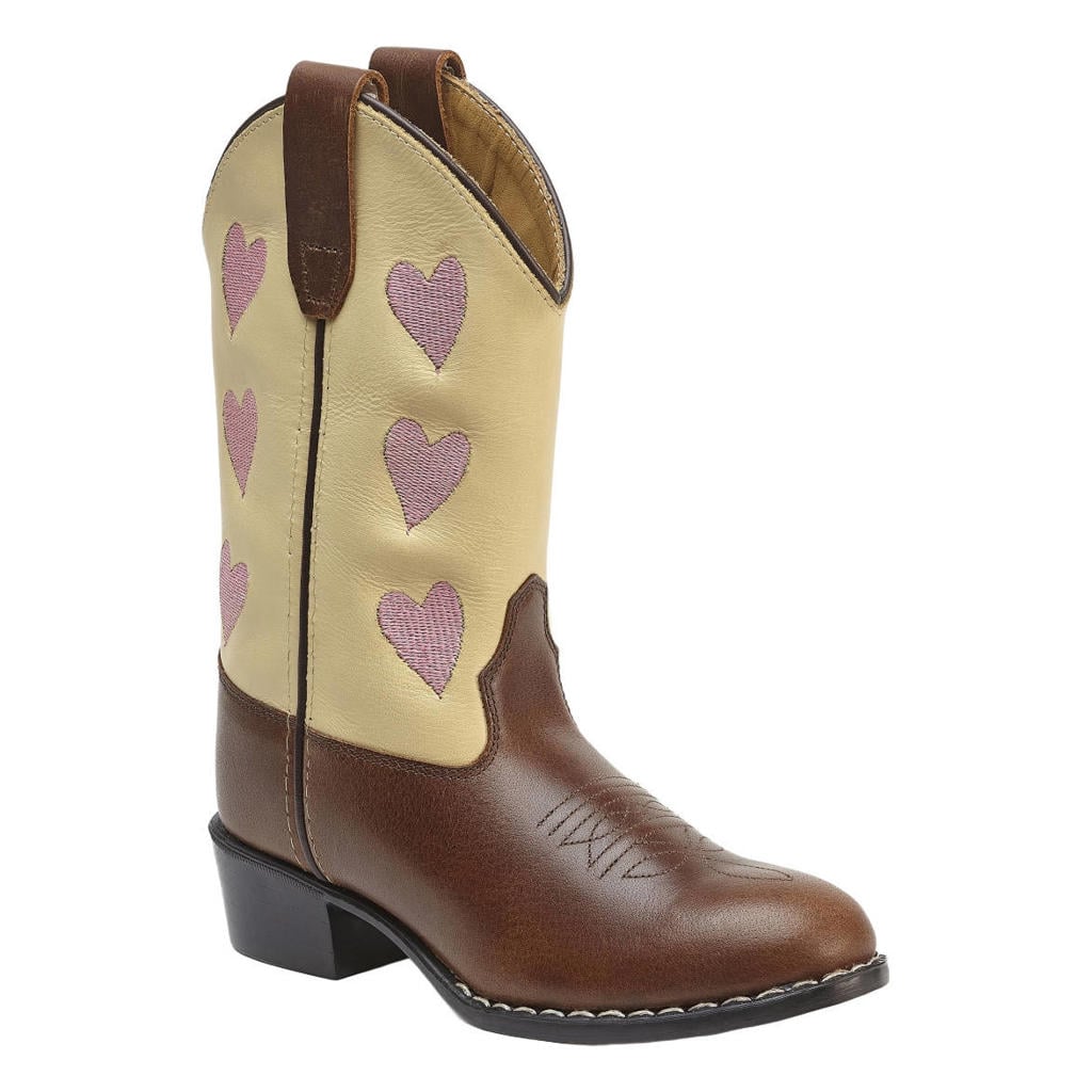 Beige, bruin en roze meisjes Bootstock western leren laarzen met hartjes -