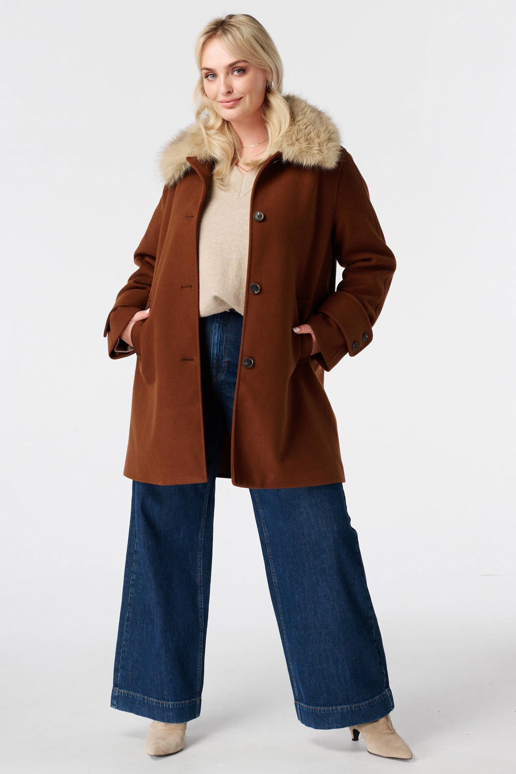 MS Mode Plus Size mantel met imitatiebontkraag - camel