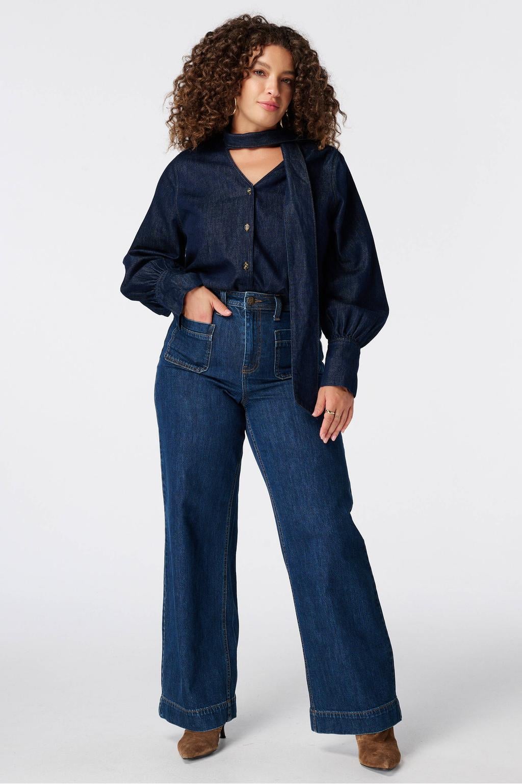 Dark blue denim dames MS Mode wide leg jeans van denim met high waist, rits- en knoopsluiting en effen