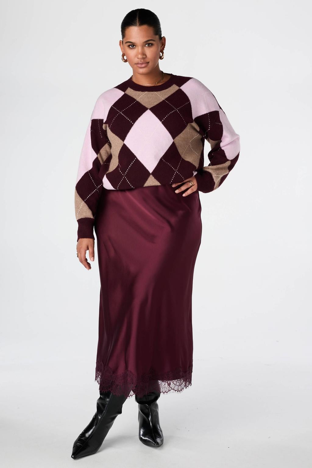 MS Mode gebreide geruite trui met wol - donkerrood/beige/roze