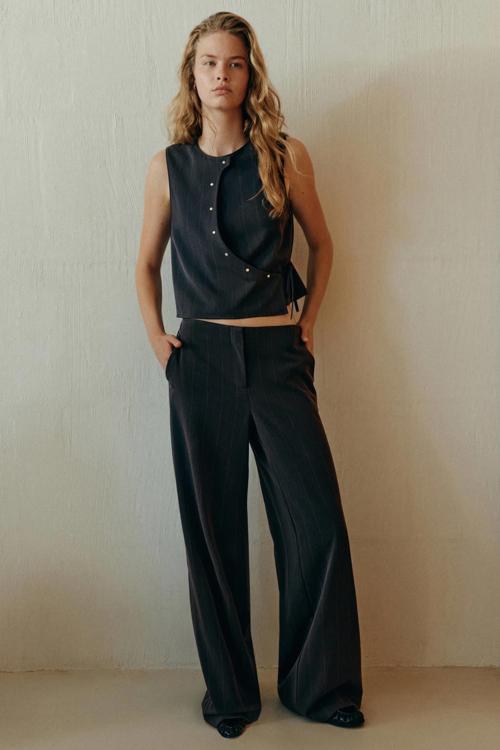 Grijze meisjes MANGO TEEN wide leg pantalon met rits- en haaksluiting en krijtstreepprint