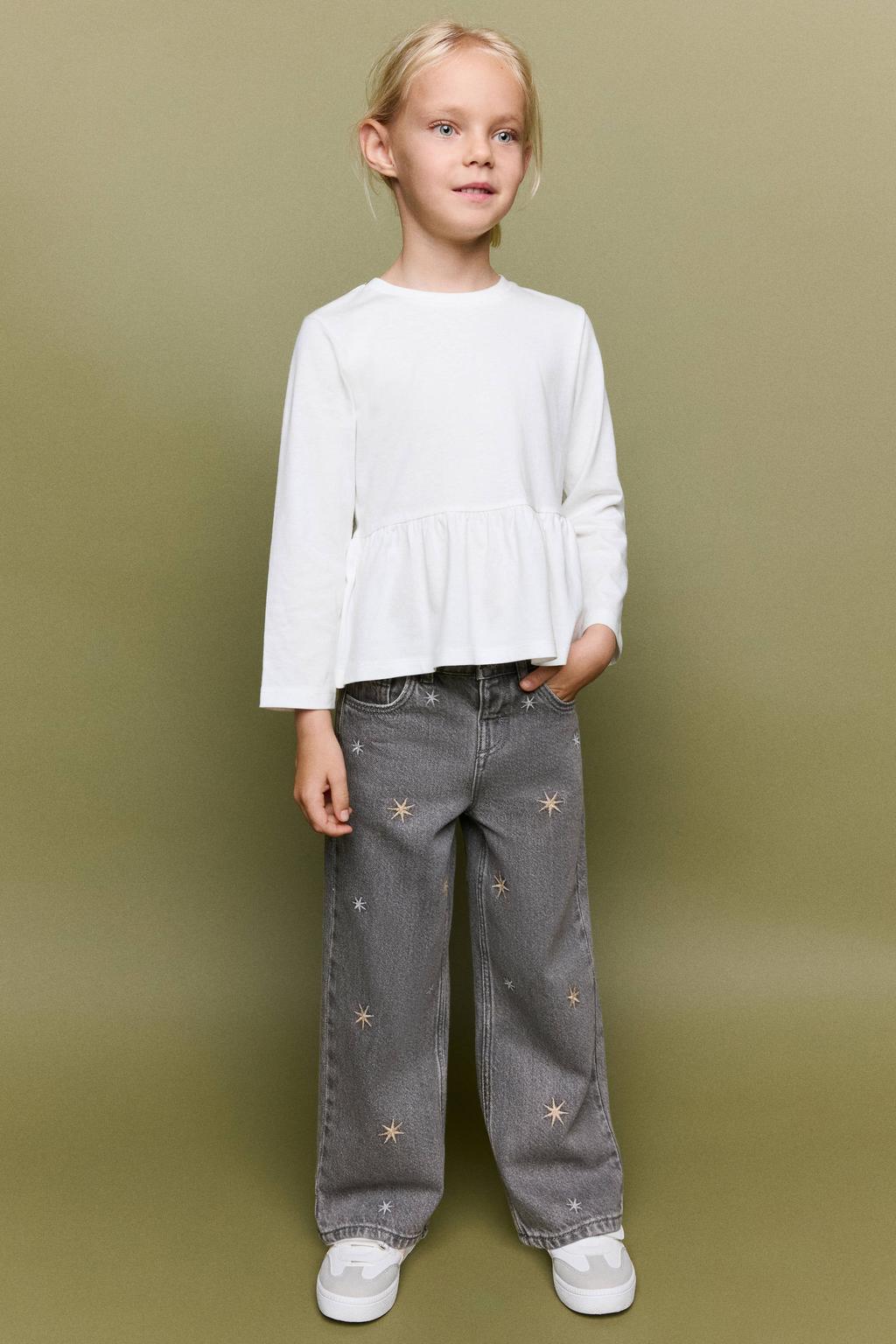 Mango Kids straight leg jeans met borduursels en sterren - grey denim