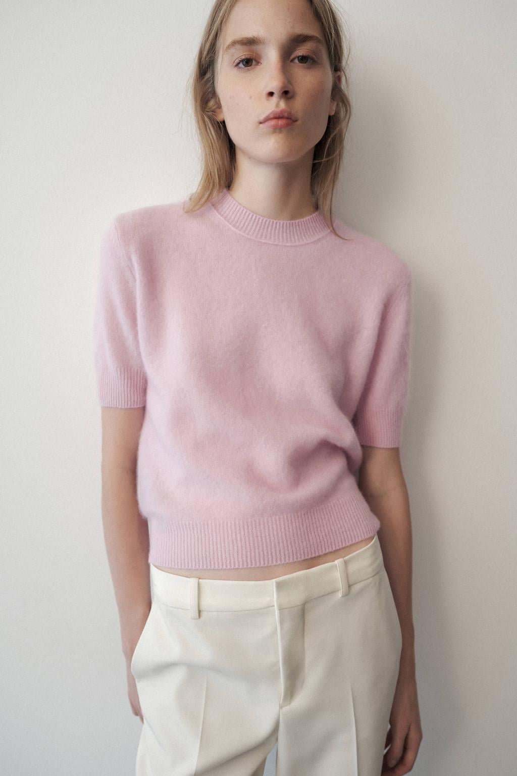 Roze dames Mango wollen gebreide trui met effen, korte mouwen en ronde hals