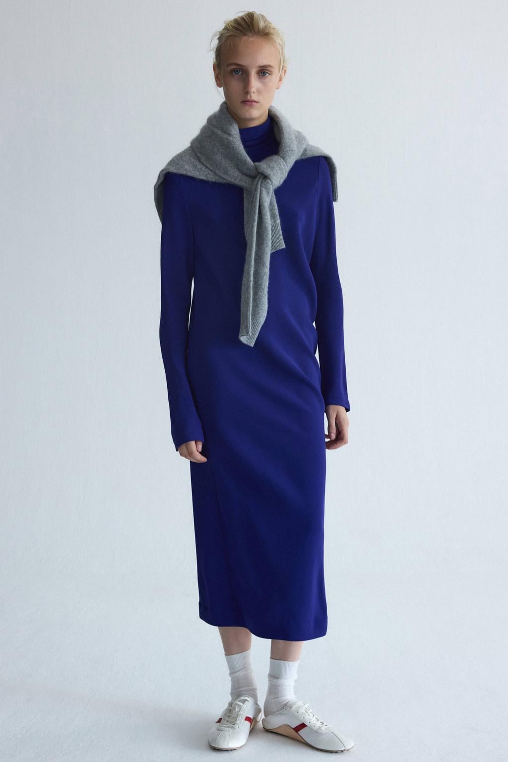Blauwe dames Mango midi jurk van viscose met effen, lange mouwen, opstaande kraag en ritssluiting