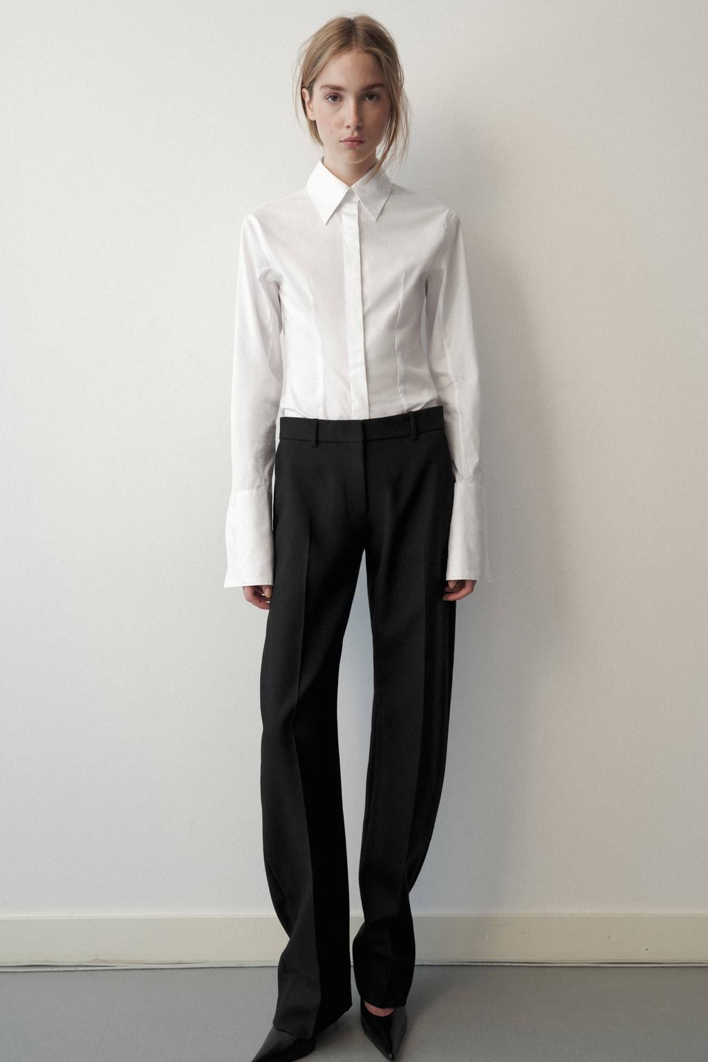 Witte dames Mango blouse van katoen met effen, lange mouwen, klassieke kraag en knoopsluiting