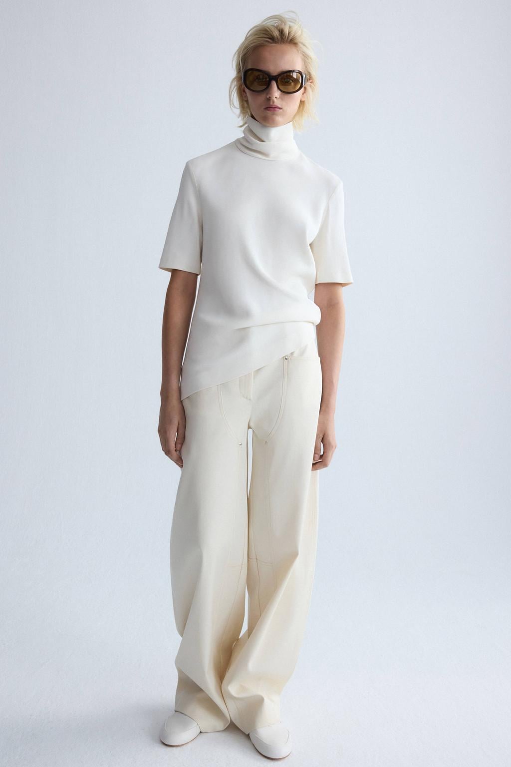 Ecru dames Mango top van viscose met effen, driekwart mouwen en col