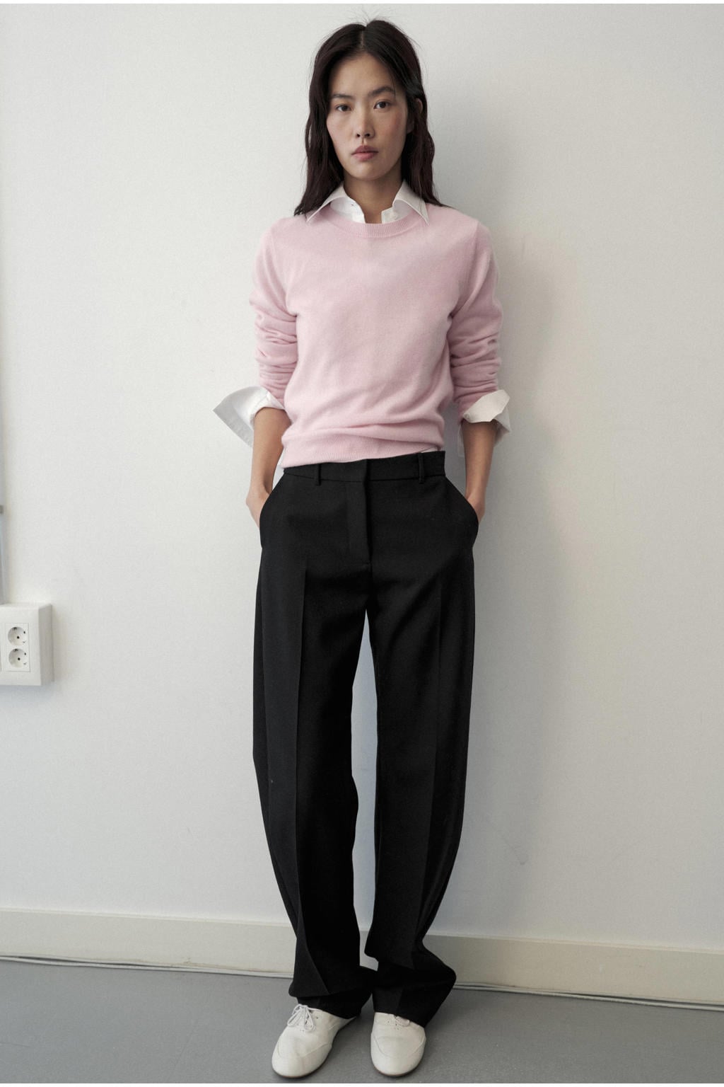 Lichtroze dames Mango pullover met effen, lange mouwen en ronde hals