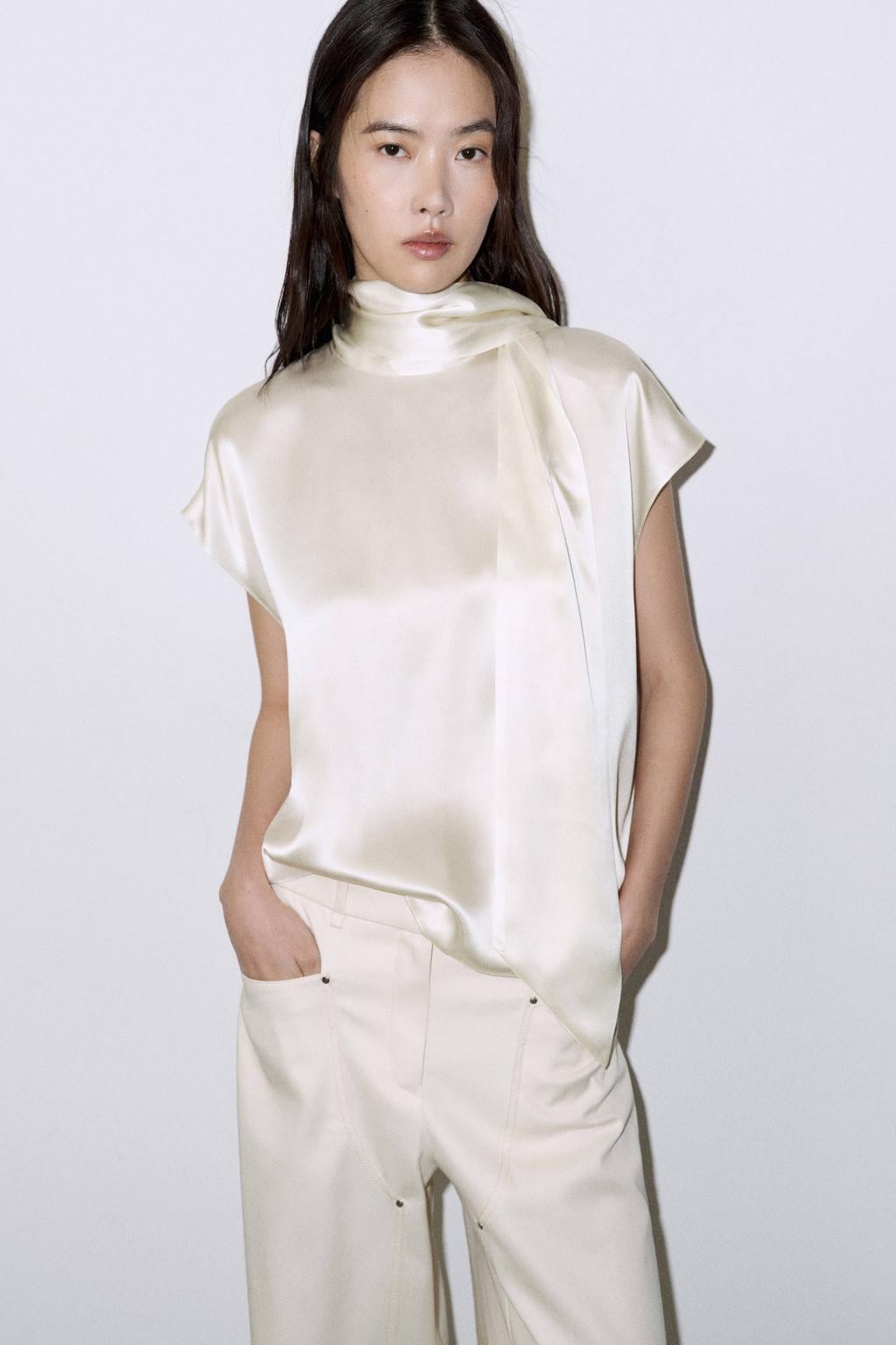Ecru dames Mango zijden top met effen
