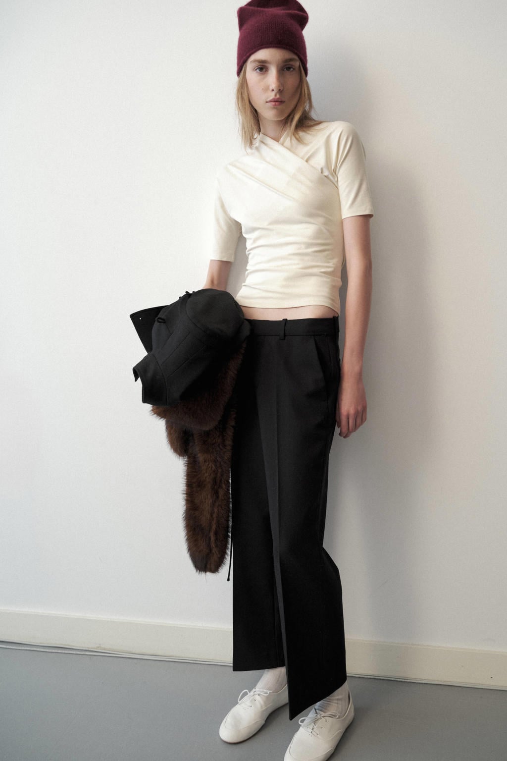 Beige dames Mango top met effen, driekwart mouwen en overslagkraag