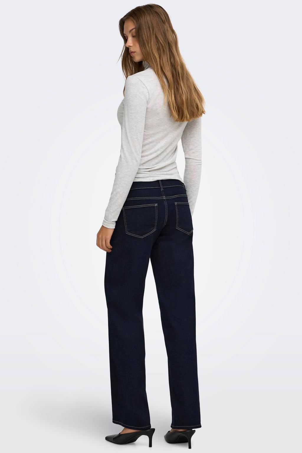 Dark blue denim dames ONLY wide leg jeans dark blue van denim met low waist, rits- en knoopsluiting en effen