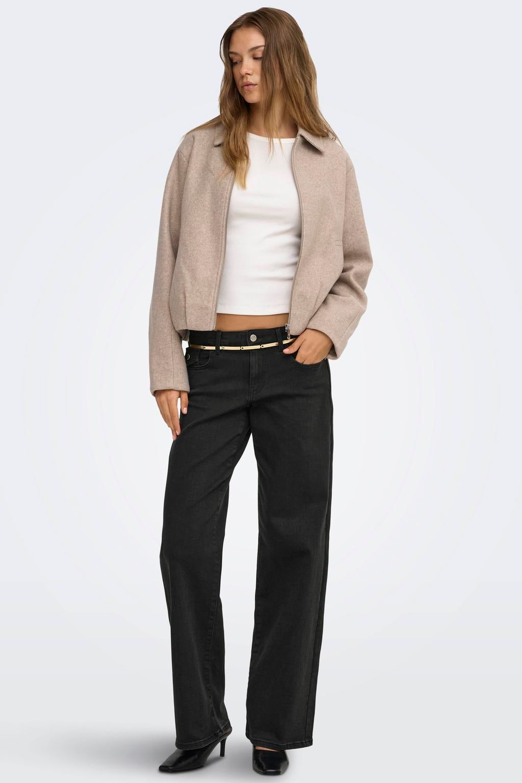 Black denim dames ONLY Onllilo Reg Wide Dnm Pim Bf jeans black met rits- en knoopsluiting en effen