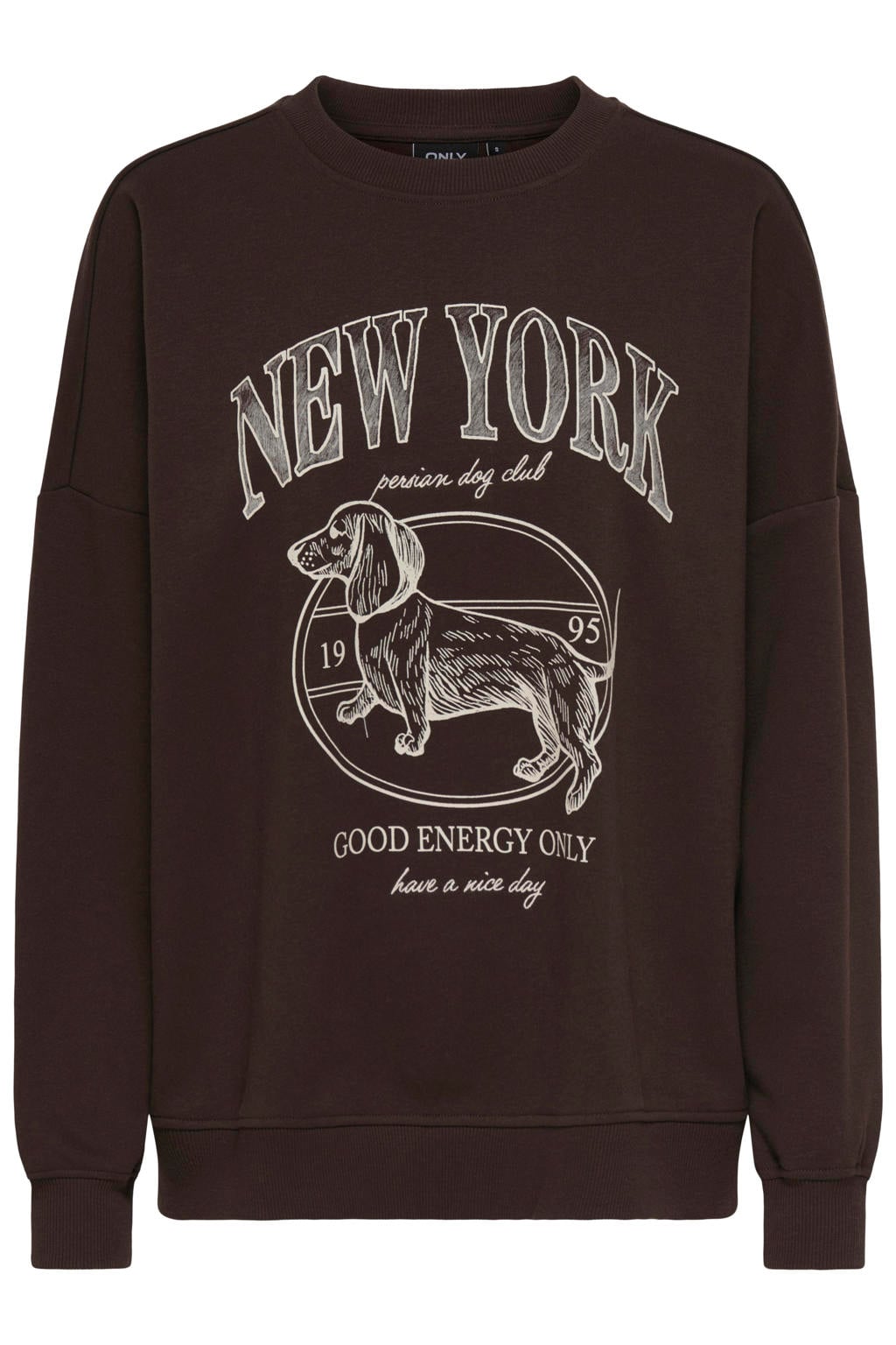 Donkerbruin en ecru dames ONLY trui van sweat materiaal met printopdruk, lange mouwen en ronde hals