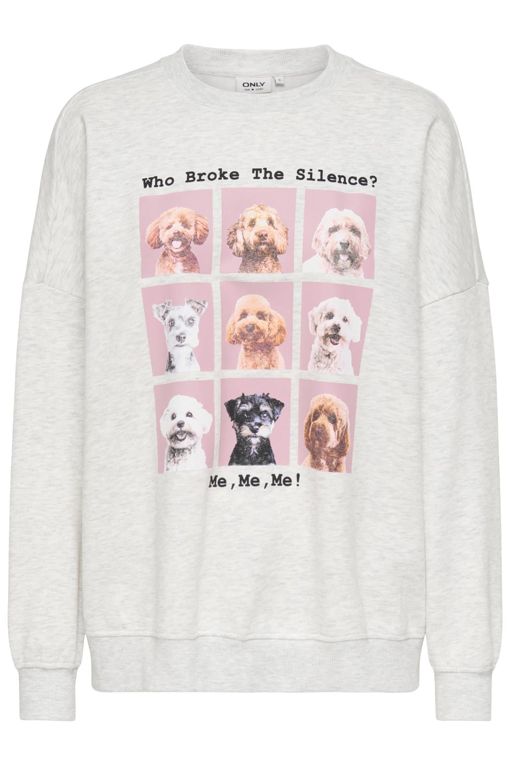 Lichtgrijs en lichtroze dames ONLY sweater met printopdruk, lange mouwen en ronde hals