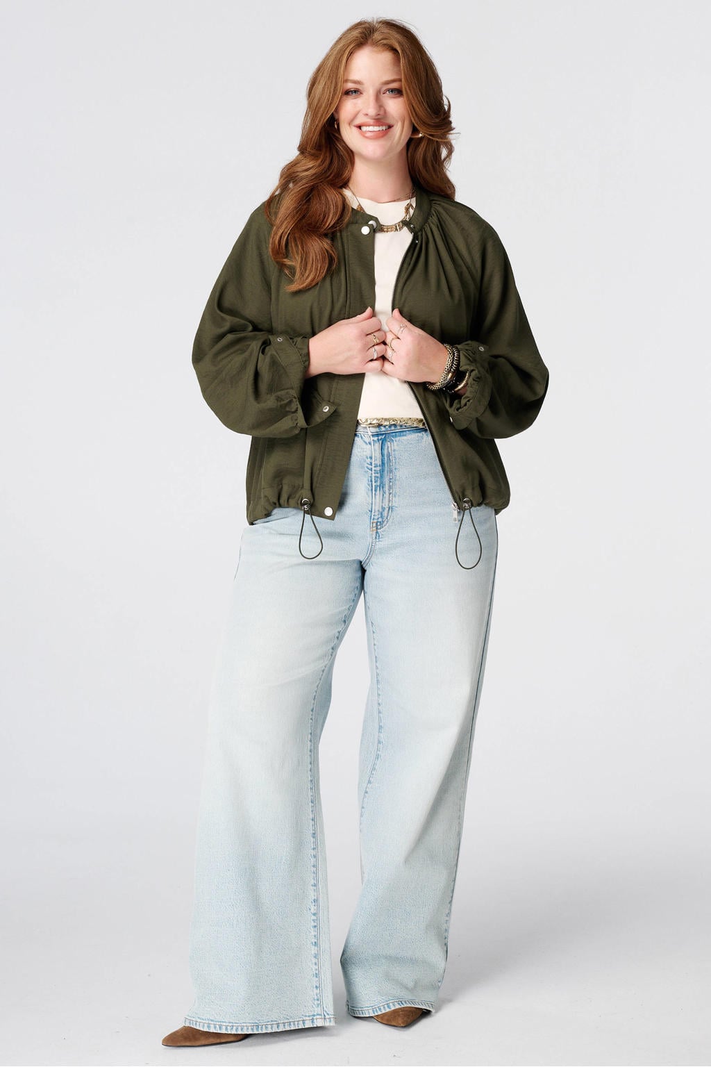 Groene dames MS Mode Plus Size bomberjack van viscose met effen en lange mouwen
