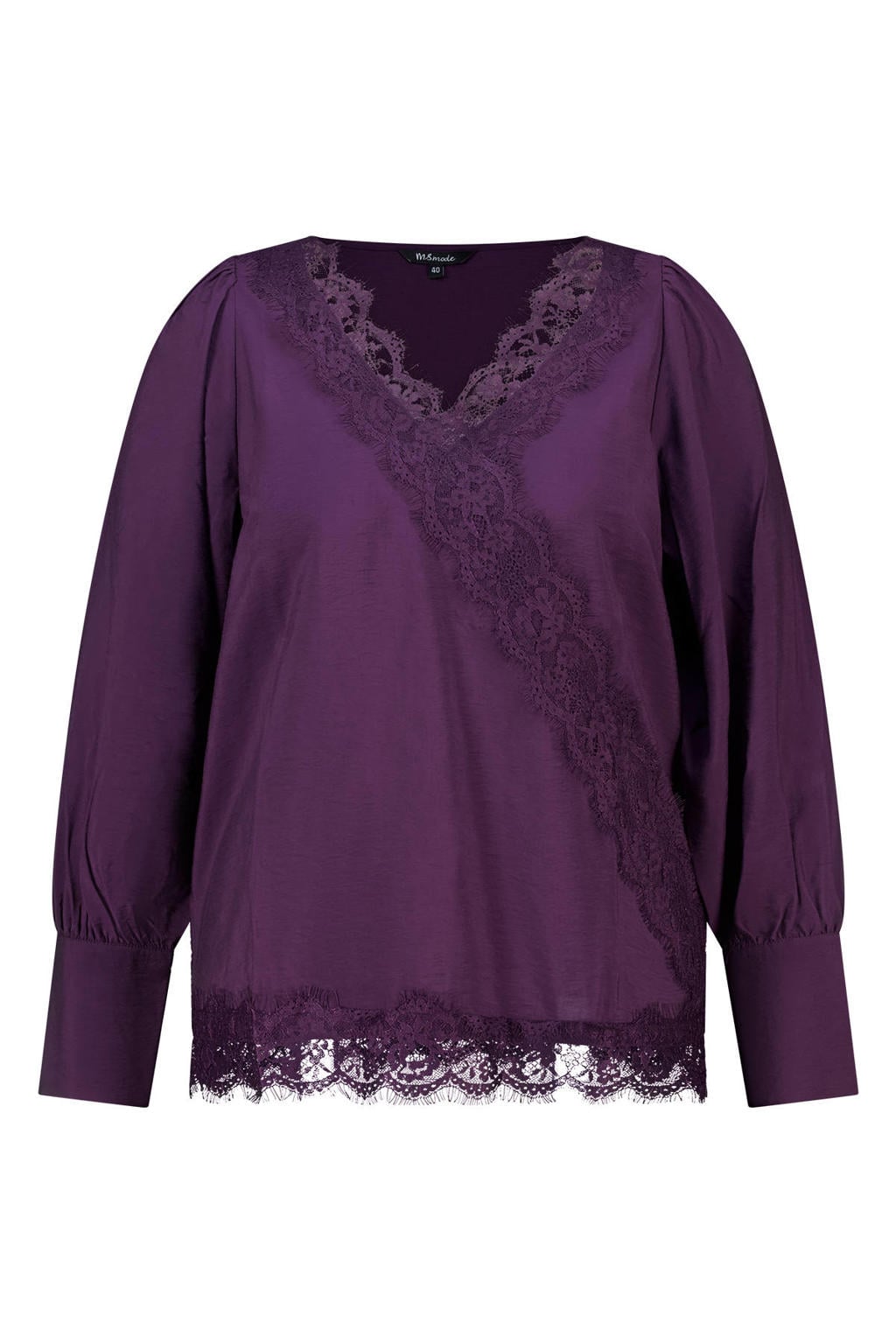 Paarse dames MS Mode Plus Size top van viscose met effen, lange mouwen en kant