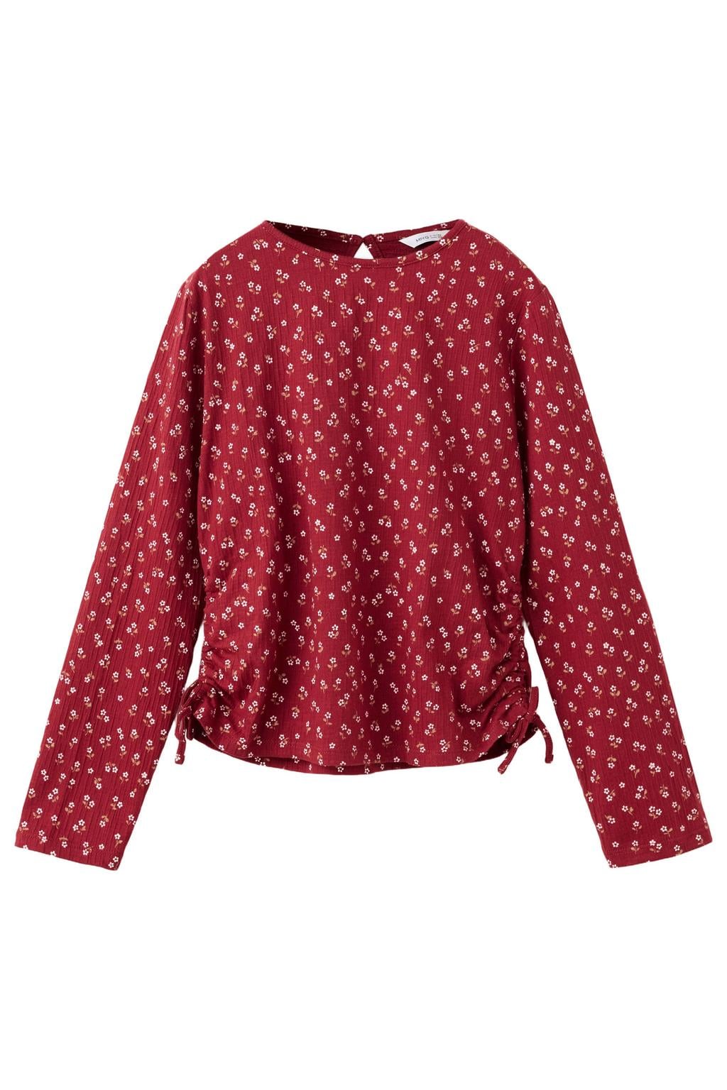 Rode meisjes Mango Kids gebloemde longsleeve van katoen met lange mouwen, ronde hals en knoopsluiting